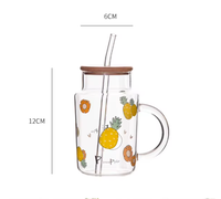 Cartoon Fruit Decal 401-500ml Glazen Tumbler met Handvat, Bamboe Deksel en Rietje, Water-Sap-Melk Beker/Mok voor Feestjes en Terug naar School