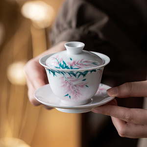 Guanlan Hand Painted Wisteria Flower Gaiwan <b>Teacup</b> Three Piece Set White Porcelain Heat Resistant Tea Bowl With Lid - Product Image 1