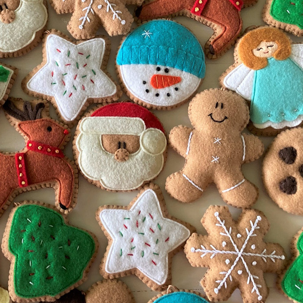 Adornos de árbol de Navidad, galletas de Navidad, Santa, muñeco de nieve, Reno, estrella, fieltro