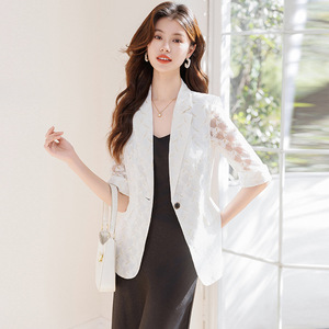 Lace Blazer For Women White Hollow Three Quarter Sleeve Summer Breathable Elegant Versatile Thin Top Petite Size - Product Image 2