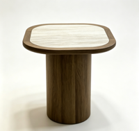 Table d'appoint carrée Elloak, table d'appoint sur piétement en bois de noyer avec plateau en pierre crème, coins arrondis, style moderne minimaliste
