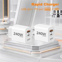Chargeur de téléphone portable USB C 240W avec prise EU/US, 2 ports USB-C PD, chargeur rapide avec câble Type-C, adaptateur de charge USB Type C 240W