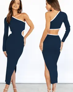 Midi Dress Waist Are Fastened Cut from Two-tone Ribbed Stretch Knit Body Skimming Cut Out Dress For women
