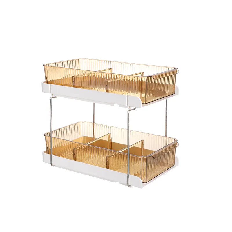 2 tier organizador de mesa acrílico, organizador de maquiagem com display de plástico transparente dourado e verde para armazenamento, exibição de maquiagem