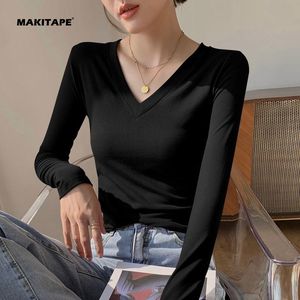 Camiseta de Manga Larga con Cuello en V de Algodón Puro para Mujer CW260, Nueva Camiseta de Otoño, Ajustada, Corta, de Punto, Interior, Dulce, Talla Grande - Product Image 2