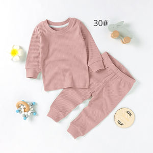 Toptan çocuk çocuk bebek giysileri Unisex düz sonbahar kış kollu bebek pijama seti - Product Image 4