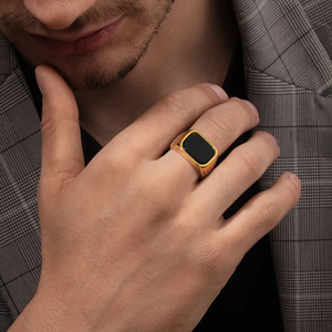 Bague Carrée Géométrique en Acier Inoxydable Or avec <span class=keywords><strong>Pierre</strong></span> de Verre Noire pour Homme - Product Image 2