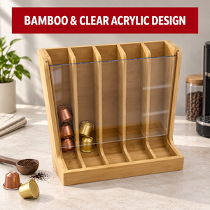 Rak Penyimpanan Kapsul Kopi Akrilik Bambu 5 Kompartemen dengan Laci Organizer untuk Kapsul Nespresso - Product Image 2