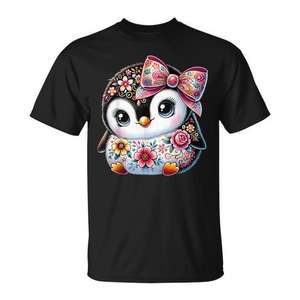 Linda camiseta con estampado floral de pingüino para niñas con diseño de lazo - Product Image 1