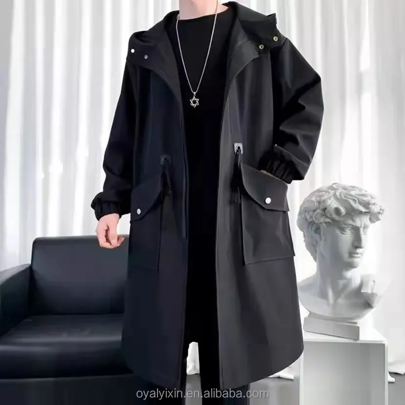 YiXin Trench Coat For Men 2022 Plain Color Windbreaker Fashion Casual Hooded Long Coats For Men