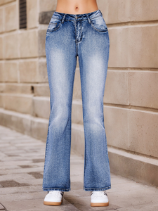 <span class=keywords><strong>Jean</strong></span> évasé <span class=keywords><strong>taille</strong></span> <span class=keywords><strong>haute</strong></span> en denim délavé bleu moyen avec poches à rabat, décontracté, pour <span class=keywords><strong>femme</strong></span>, nouvelle collection été - Product Image 2