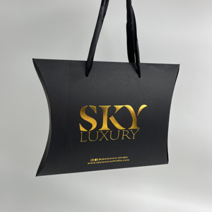 Custom Matte Black Pillow <b>Box</b> Gold Foil Hot Stamping Luxury Gift Packaging <b>Box</b> With Ribbon Handle For Jewelry Cosmetic Wig - Product Image 2