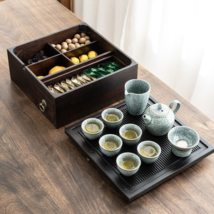 Rectangular Tea Tray <b>Storage</b> <b>Box</b> With <b>Drawer</b> Multi Compartment For Home Kung Fu Tea Set Organization - Product Image 4