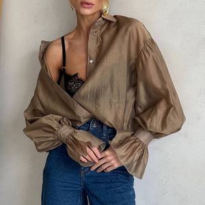 OUDINA Trendy seksi uzun kollu gömlek kadınlar için yeni stil Backless dantel-up zayıflama düz renk bluzlar - Product Image 6