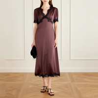 Robe midi élégante en satin violet sur mesure avec bordure en dentelle noire effet cils, manches courtes bouffantes, pour femmes, soirée, cocktail, fête