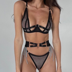 Wholesale Erotic Temptation See-through Fish-net Mesh Lingerie <b>Set</b> <b>Sexy</b> Push up 3-Piece <b>Bra</b> and Panty <b>Set</b> - Product Image 1