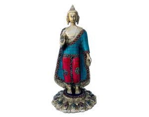 Statue de Bouddha debout en laiton artisanal Nirmala, décoration d'intérieur multicolore, fabriquée à la main au Rajasthan - Product Image 4