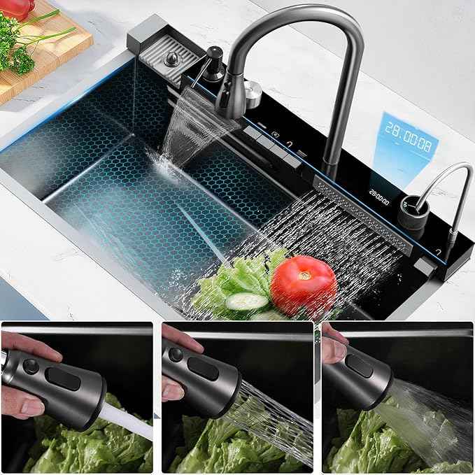 Modern Black Flying Rain Waterfall Smart Kitchen Sink Luxury Organizer ...