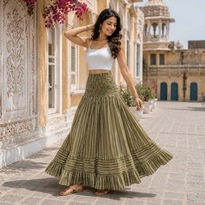 Vestido de gala bohemio para mujer, verde oliva, a rayas, con cintura natural, fruncido, hecho a mano, estampado a mano, largo hasta el suelo, de algodón, con vuelo escalonado - Product Image 1