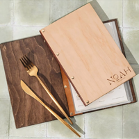 Couvertures de menu en bois et similicuir Simplicity, format personnalisé, reliure à vis, logo gravé sur mesure, pour restaurant, mariage