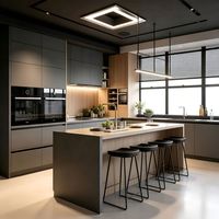Meuble de cuisine moderne et contemporain en contreplaqué en forme de L avec tiroirs en mélamine et éclairage LED noir