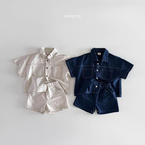 Nuovi arrivi estivi in stile coreano: set due pezzi in morbido denim con cuciture visibili, tinta unita, per ragazzi e ragazze. - Product Image 1