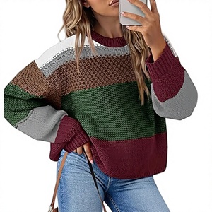 Suéter de Punto con Bloques de Color para Mujer, Cuello Redondo, Manga Murciélago, Estilo Casual para Otoño, 100% Acrílico - Product Image 2