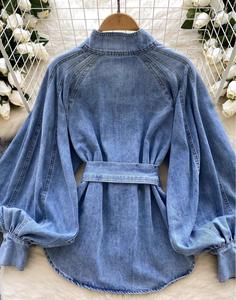 Nuova <span class=keywords><strong>camicia</strong></span> da <span class=keywords><strong>donna</strong></span> in Denim a maniche lunghe in vita autunnale con collo alto largo Casual Vintage - Product Image 4
