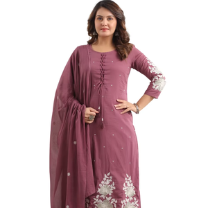 Women Cotton Silk <b>Sequins</b> Embroidered Straight Kurti <b>Pant</b> Dupatta Set | Round-Neck | 3/4 Sleeves | Traditional Ethnic Wear - Product Image 1