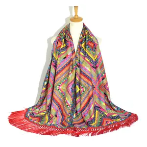 Ethnic Tribal satin scarf jacquard Paisley shawl female head scarves women printed hijab viscose supplier