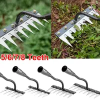 Râteau à herbe en acier au manganèse à 5/6/7/8 dents, manche argenté, pour jardin, désherbage, jardinage, pelouse, ameublissement du sol, élimination des mauvaises herbes
