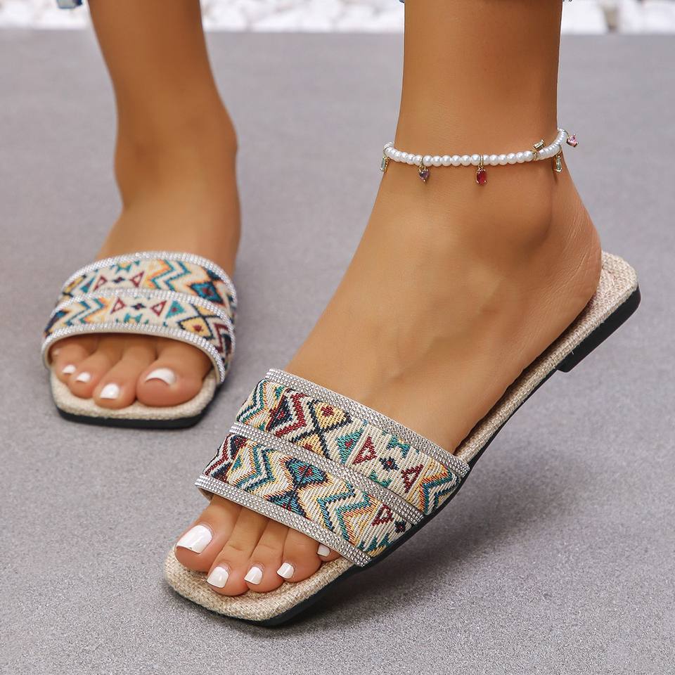 Bohemian Ethnic Style Women Open Toe Flat Sandals, Rhinestone Decor ...