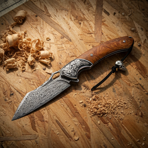 Couteau pliant de poche EDC de survie pour le camping en plein air, en acier <span class=keywords><strong>Damas</strong></span> avec manche en bois de santal jaune fait main - Product Image 3