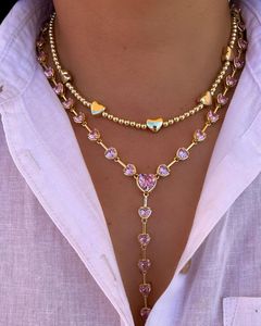 Collana Tennis con Cuore in Zirconia Cubica Rosa Ghiacciata, Placcata <span class=keywords><strong>Oro</strong></span>, con Pendente a Cuore per Gioielli da Donna - Product Image 1