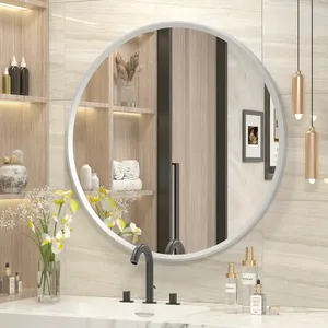 Specchio da bagno con cornice rotonda in alluminio a parete con raccordi in lamiera