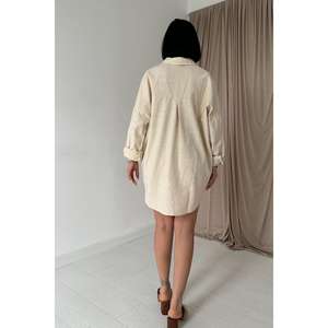 Vestido Camisero de Lino Beige Sencillo con Cuello Camisero, Transpirable, Tejido, Informal para Uso Diario - Product Image 1