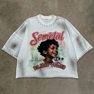 Camiseta extragrande con estampado fotográfico y pedrería, estilo urbano, camiseta de algodón de manga corta con cuello redondo para hombre - Product Image 1