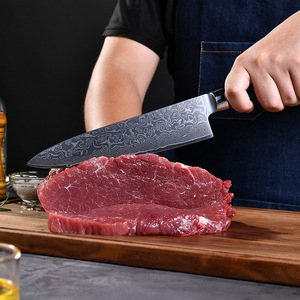Couteau Santoku de 7 pouces à motif Damas de qualité supérieure, manche noir avec anneau coloré, acier inoxydable tranchant, couteau de cuisine polyvalent - Product Image 2