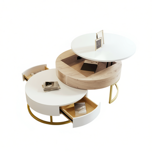 Mesa de Centro Moderna Redonda con Tapa Elevable y 2 Cajones, Madera de Roble Natural, MDF Blanco, Muebles para Sala de Estar - Product Image 1
