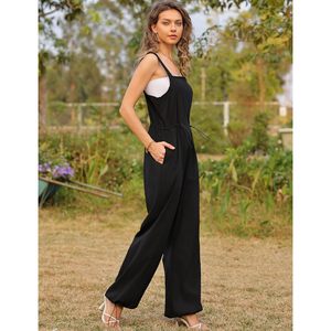 Mono negro sin mangas para mujer, de pierna ancha, informal, para verano, con bolsillos, transpirable, de cintura media y ajuste holgado. - Product Image 4