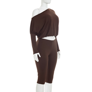 Viviblook Q26ST123 Ensemble Automne Femme Sexy Décolleté Asymétrique Haut Court Ample et Pantalon Court Taille Haute Décontracté Deux Pièces - Product Image 5