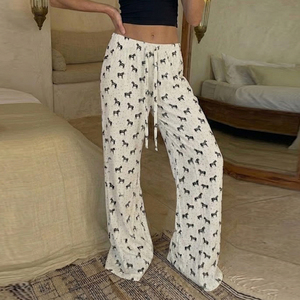 Casual <b>Drawstring</b> Home Lounge Pants Women Animal Pony Print Contrast Color Loose Straight Leg <b>Trousers</b> Soft Comfort Loungewear - Product Image 2