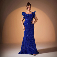 Robe de soirée longue en mousseline de soie bleue à sequins, style européen-américain, grande taille, coupe sirène évasée et ajustée pour femme