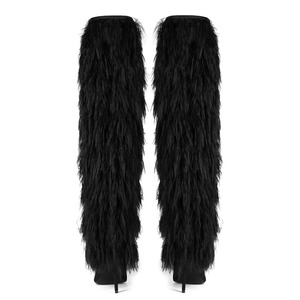 Bottes hautes en daim à fourrure épaisse pour femme, grande taille 44, à bout pointu, talons aiguilles, avec pompons en fourrure - Product Image 5