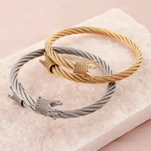 2024 New Wholesale Men Jewelry Crown Shape Twist Wire Bracelet Hot Sale Gold Plated Stainless Steel Cable Cuff Bracelet for man