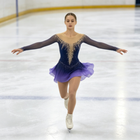 Robe de patinage artistique dégradé violet marine, manches longues en maille, col illusion, strass, jupe asymétrique pour adultes et enfants