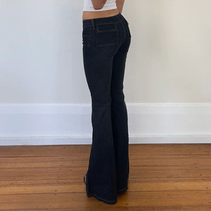 Pantalones Casuales Acampanados Elásticos Versátiles de Estilo Urbano Ins, Azul Oscuro, de Cintura Baja, Ajustados y Favorecedores, con Bolsillos, para Chicas Modernas - Product Image 5
