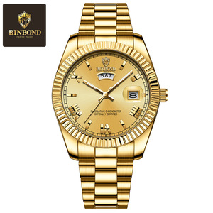 Binbond Men's Quartz Watch Gold Stainless Steel Band Date Display Water Resistant 30M Analog Dial Business Wristwatch - Product Image 5