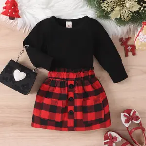कोरियाई लोकप्रिय बच्चों के कपड़ों की लंबी आस्तीन स्वेटर शर्ट + लाल प्लेड स्कर्ट दो टुकड़ा लड़कियों के कपड़े के लिए क्रिसमस