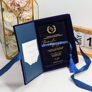 Ensemble d'invitations <span class=keywords><strong>de</strong></span> mariage en velours <span class=keywords><strong>bleu</strong></span> marine avec cartes en acrylique dorées, monogramme personnalisé, pompon, suite d'invitations <span class=keywords><strong>de</strong></span> mariage <span class=keywords><strong>de</strong></span> luxe - Product Image 1